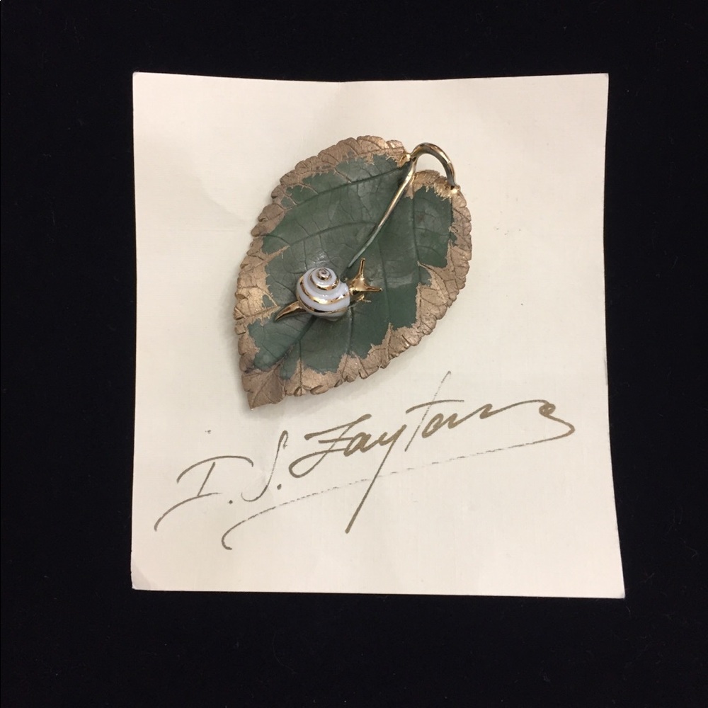Vintage leaf with snail ceramic pin.